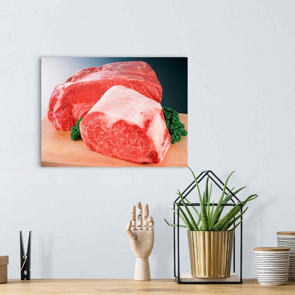 A bohemian room featuring Chuck of beef on a wooden cutting board