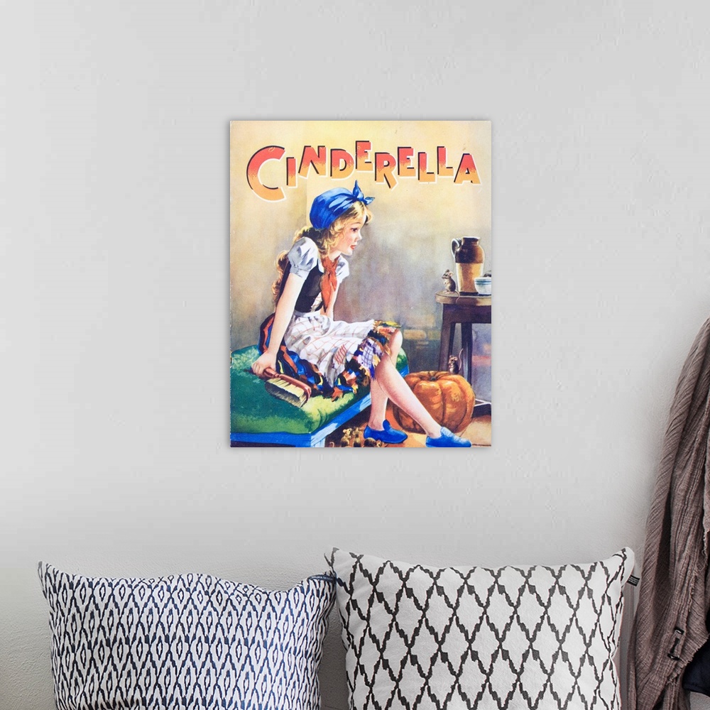 A bohemian room featuring A book illustration of Cinderella, shown dressed for house cleaning with the pumpkin and friendly...