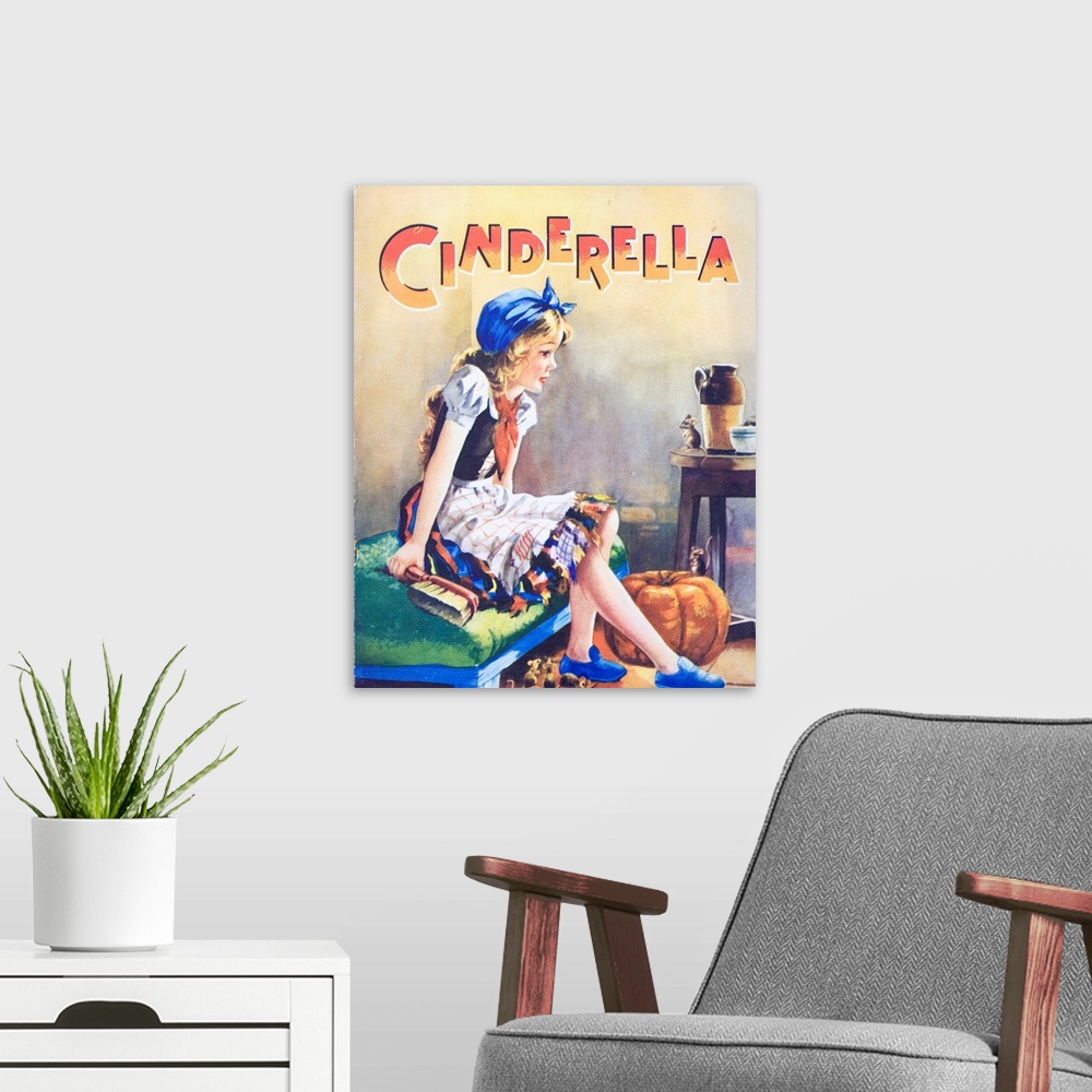 A modern room featuring A book illustration of Cinderella, shown dressed for house cleaning with the pumpkin and friendly...
