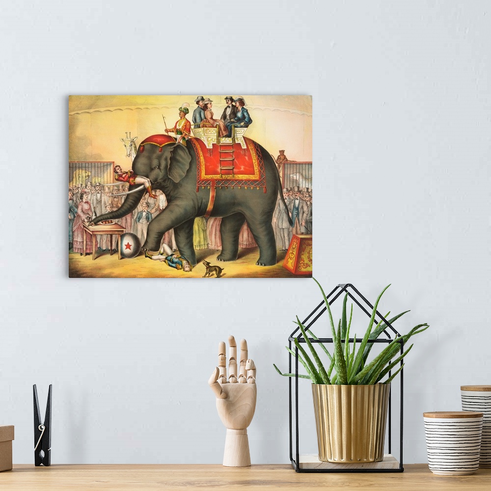 A bohemian room featuring Circus elephant performing with riders on its back, printed by Gibson