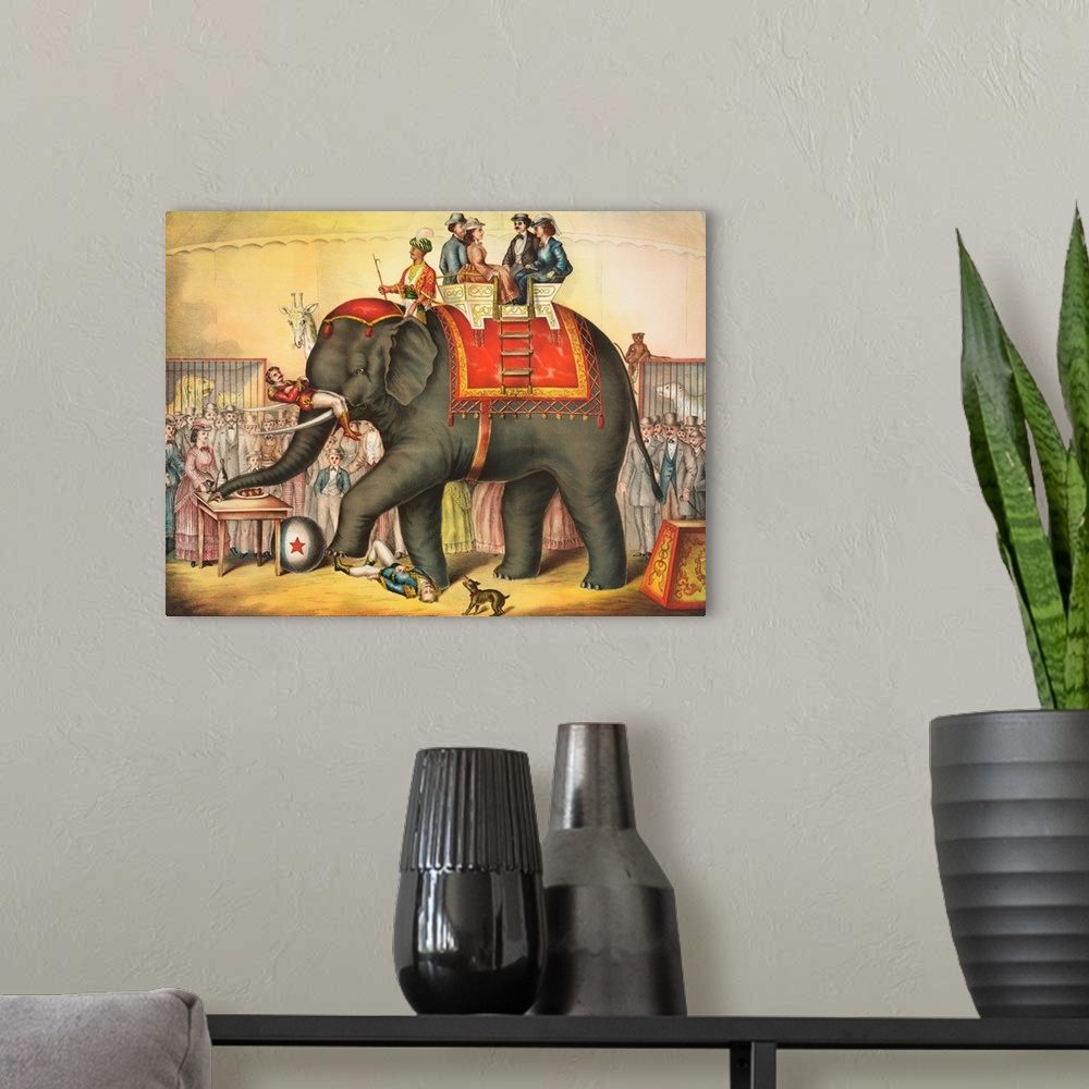 A modern room featuring Circus elephant performing with riders on its back, printed by Gibson