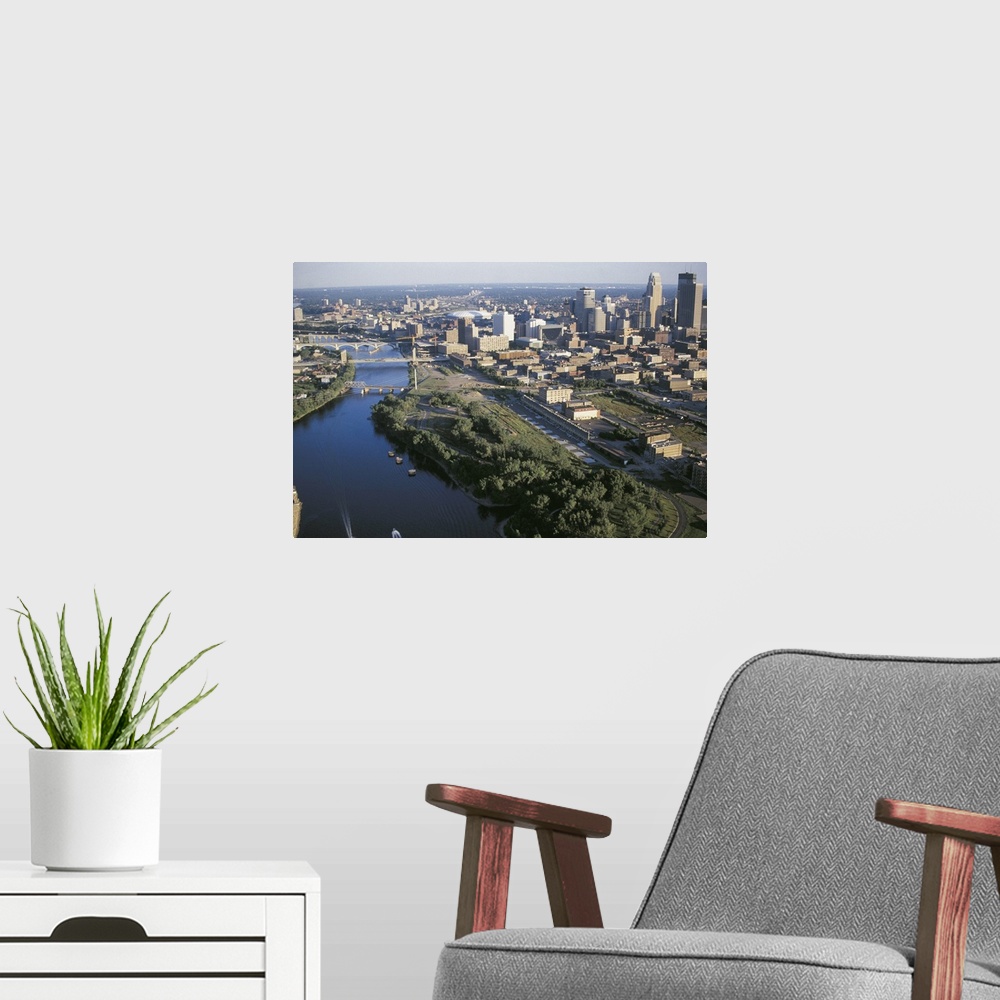 A modern room featuring City next to a river, Minneapolis, Minnesota