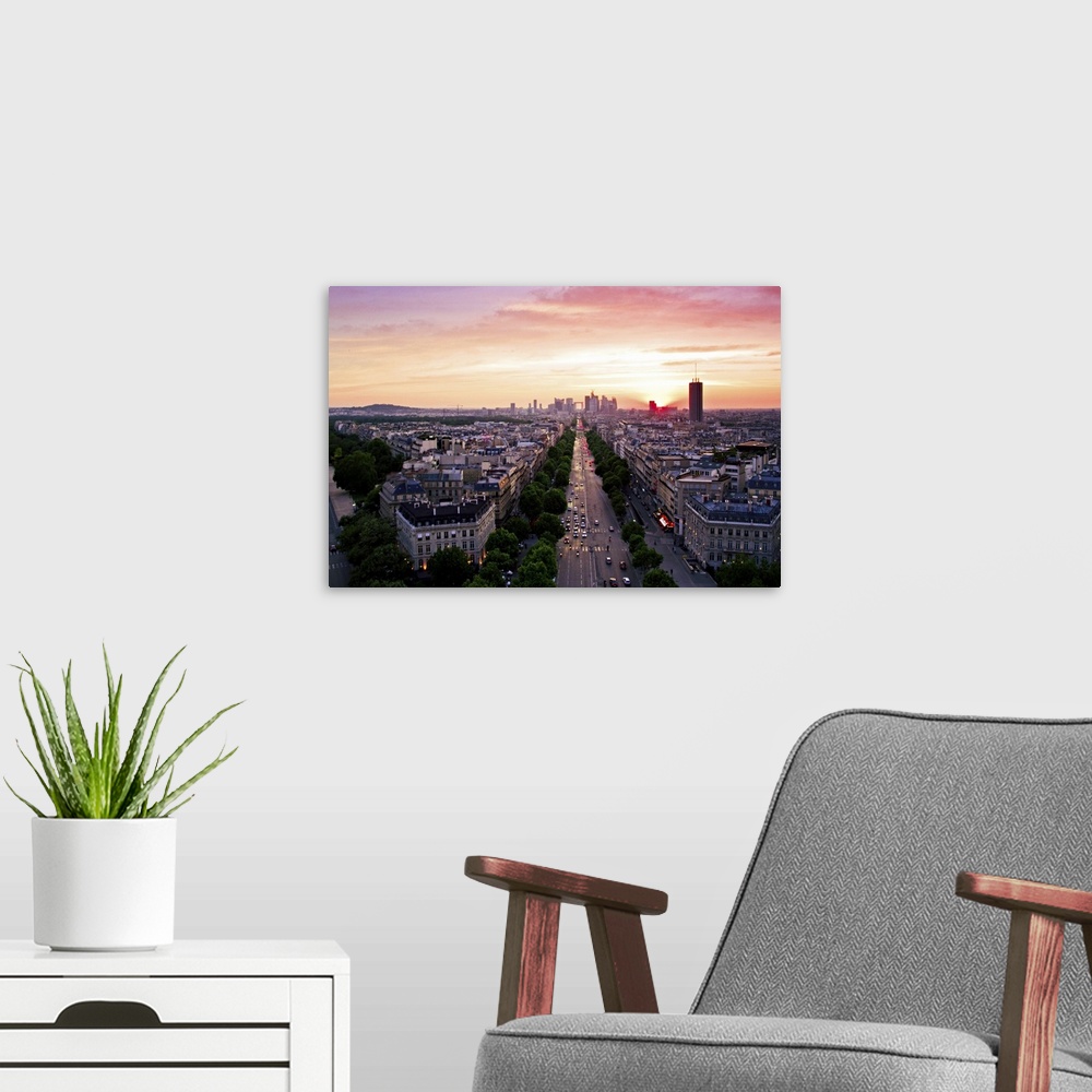 A modern room featuring Cityscape at sunset, Pairs, France.