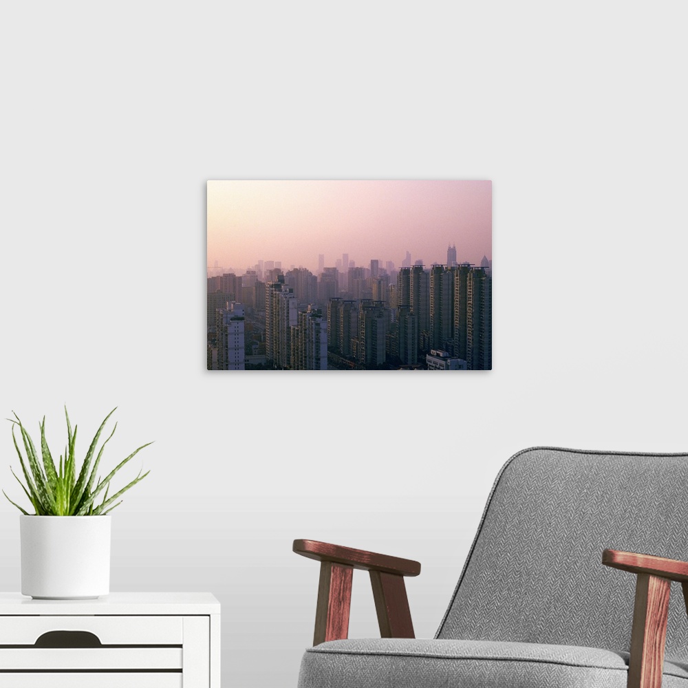 A modern room featuring Cityscape in sunset, Shanghai China