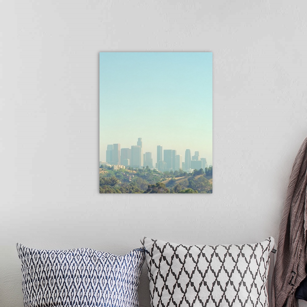 A bohemian room featuring Cityscape of Los Angeles skyline from Elysian Park