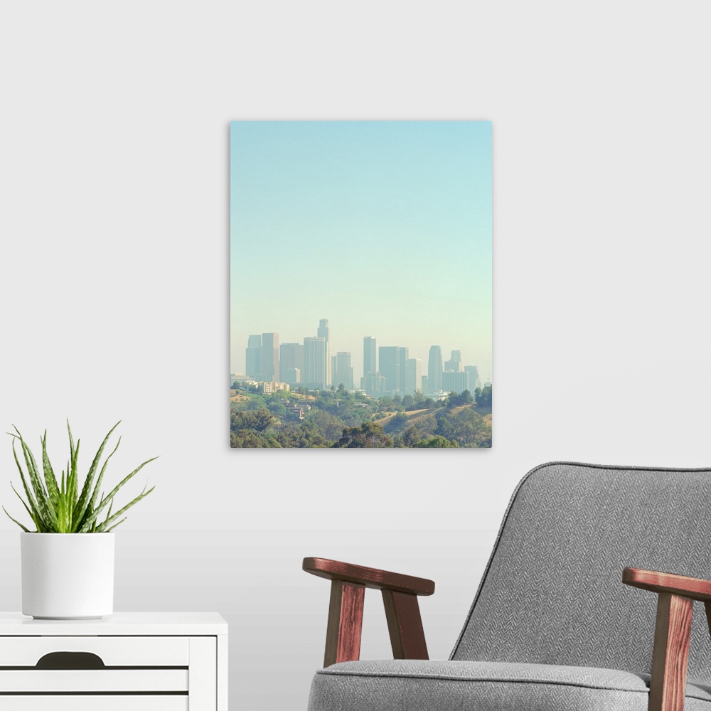 A modern room featuring Cityscape of Los Angeles skyline from Elysian Park