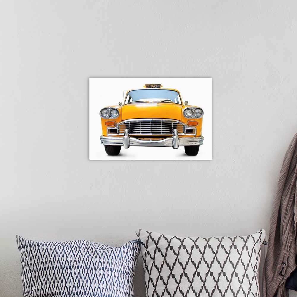 A bohemian room featuring Classic yellow cab on white background
