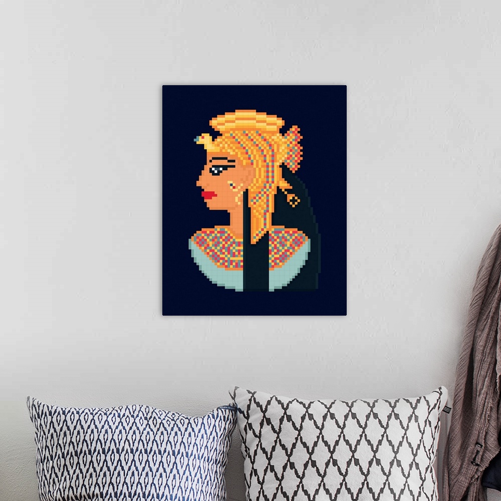A bohemian room featuring Cleopatra Portrait From Ancient Egypt, Pixel Art Illustration