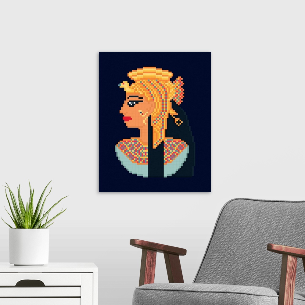 A modern room featuring Cleopatra Portrait From Ancient Egypt, Pixel Art Illustration