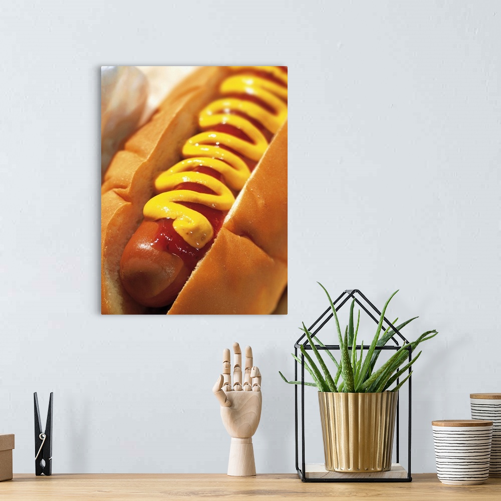 A bohemian room featuring close-up of a hotdog