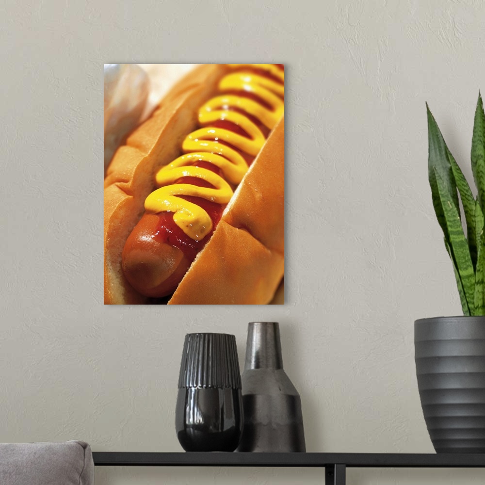 A modern room featuring close-up of a hotdog