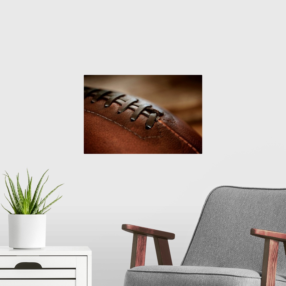 A modern room featuring Decorative art for the home or office this photograph shows the details of the lacing and seam wo...