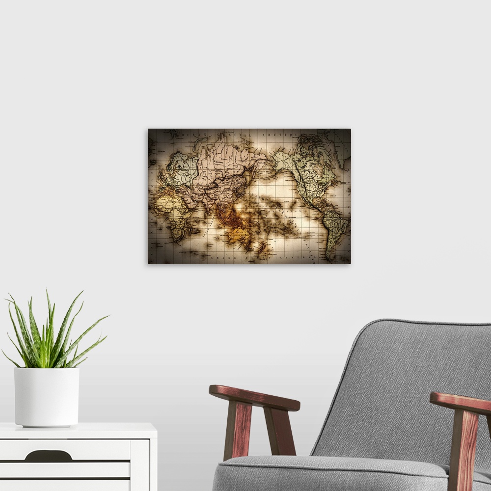 A modern room featuring Horizontal, large wall picture of an antique world map with a dark vignette around the edges, and...