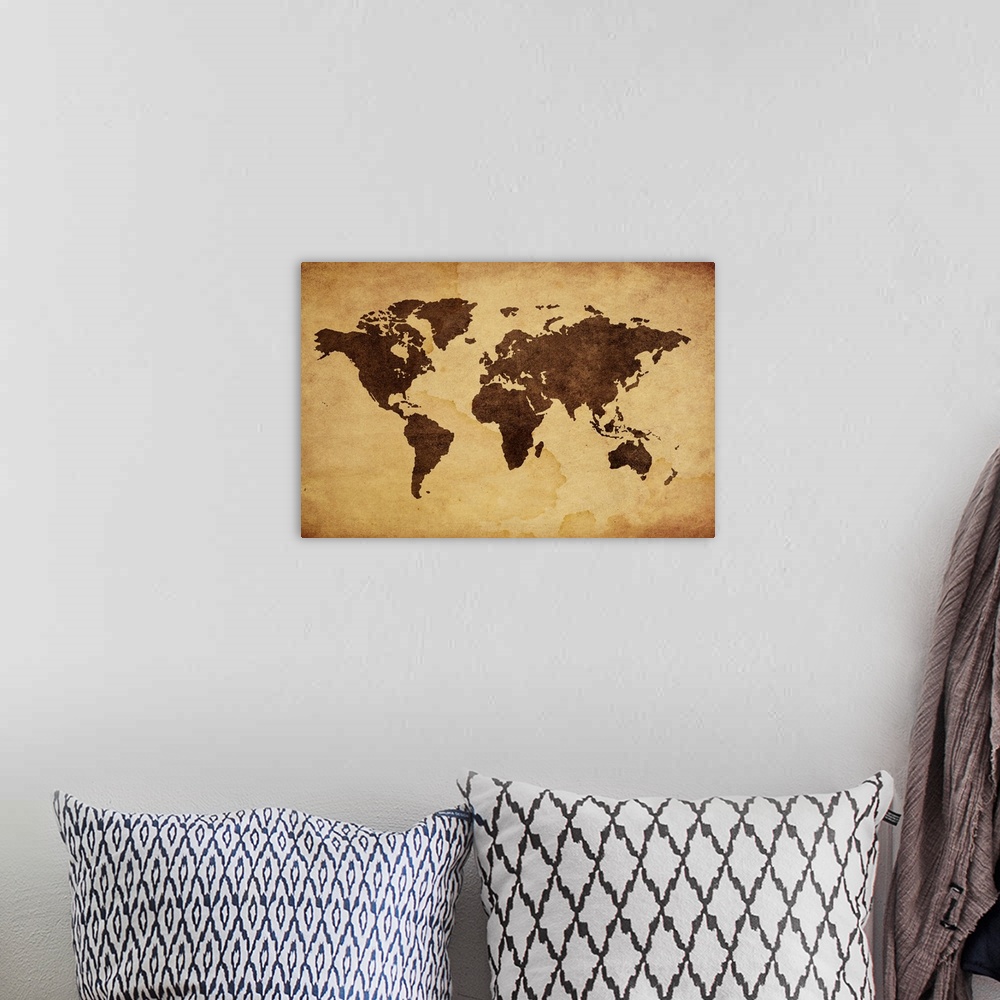A bohemian room featuring Oversized landscape artwork of the world map with no text, darker colored continents on a lighter...