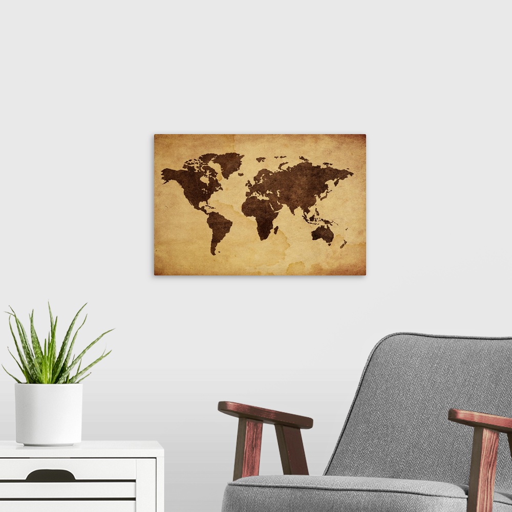 A modern room featuring Oversized landscape artwork of the world map with no text, darker colored continents on a lighter...