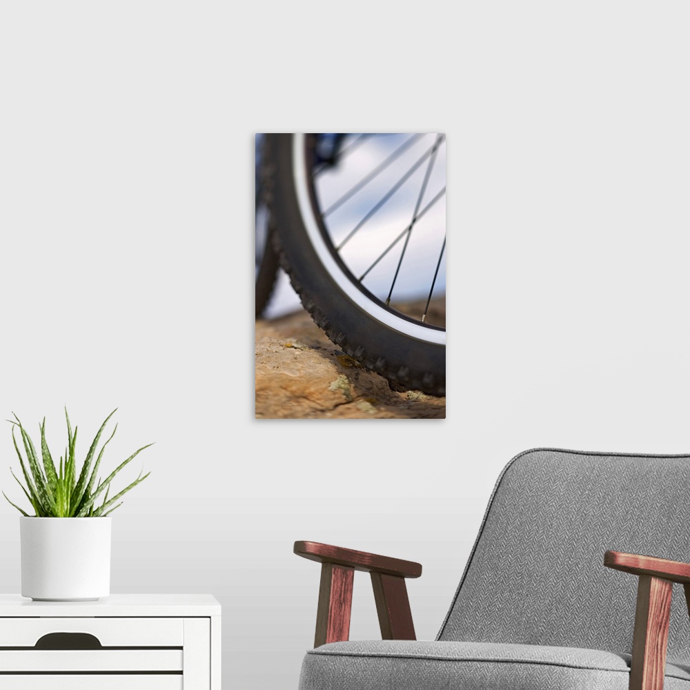 A modern room featuring Close-up of bike tire
