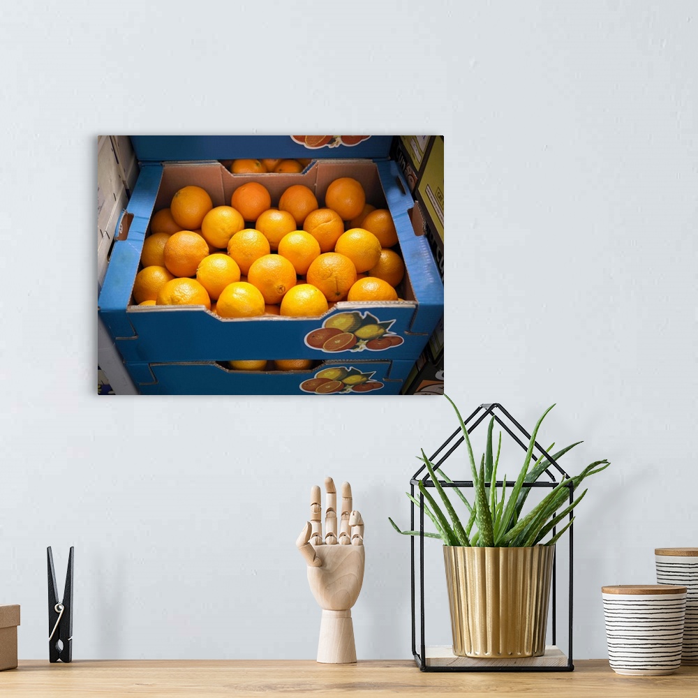 A bohemian room featuring Close up of boxes of oranges