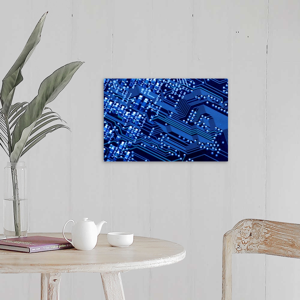 A farmhouse room featuring Wall art of the up close view of a computer chip.