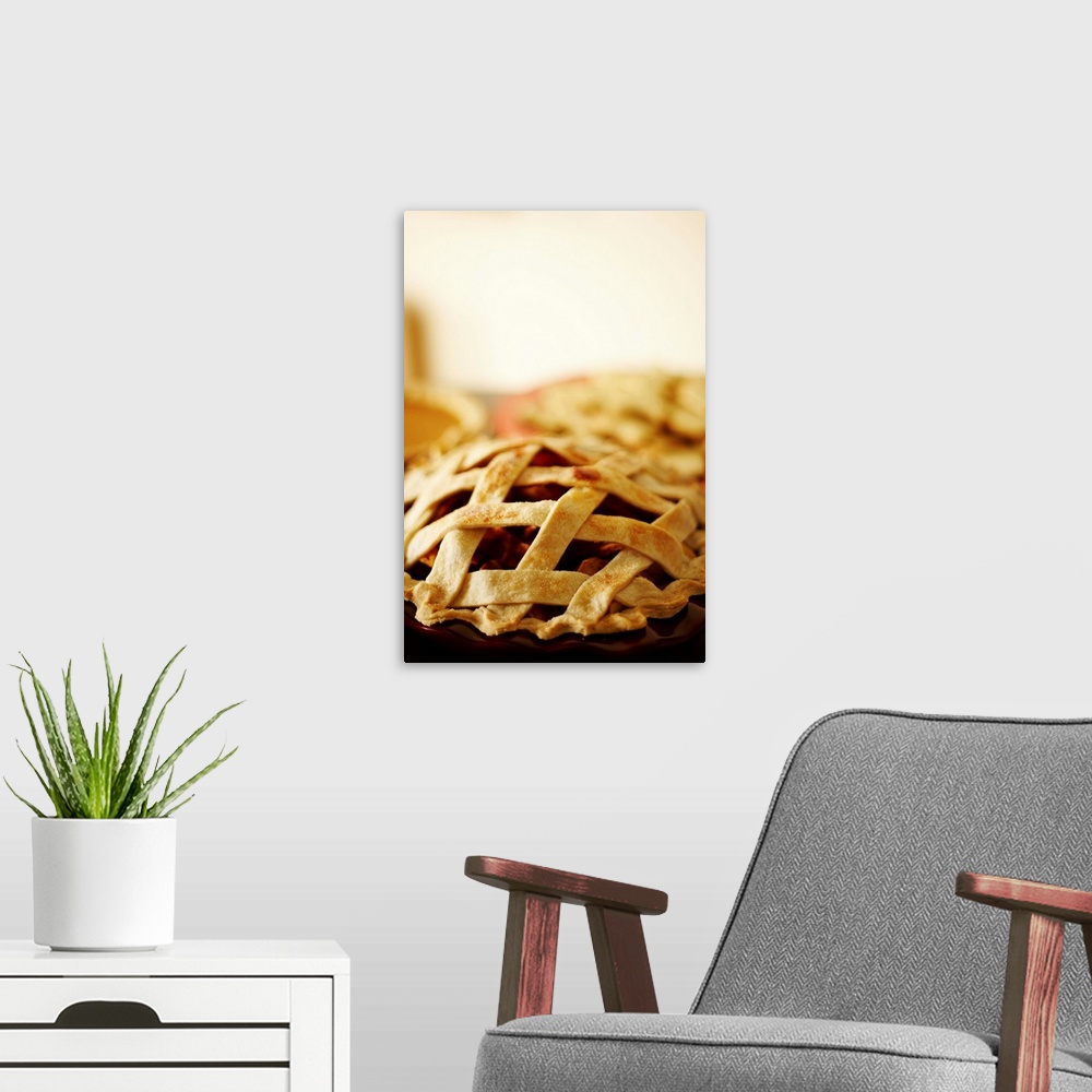 A modern room featuring Close-up of fresh pie with lattice pattern crust