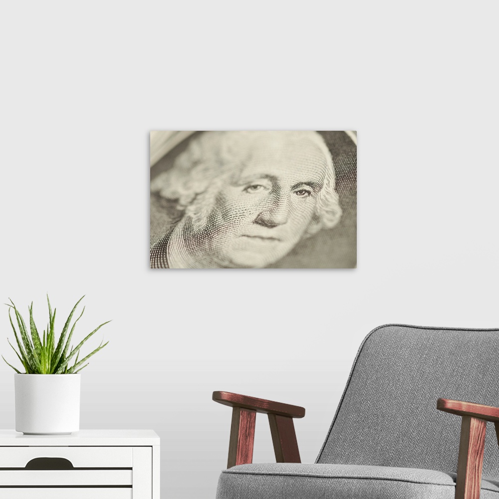 A modern room featuring Close-up of George Washington on one dollar bill