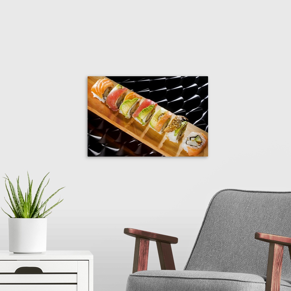 A modern room featuring Close-up of Nigiri sushi