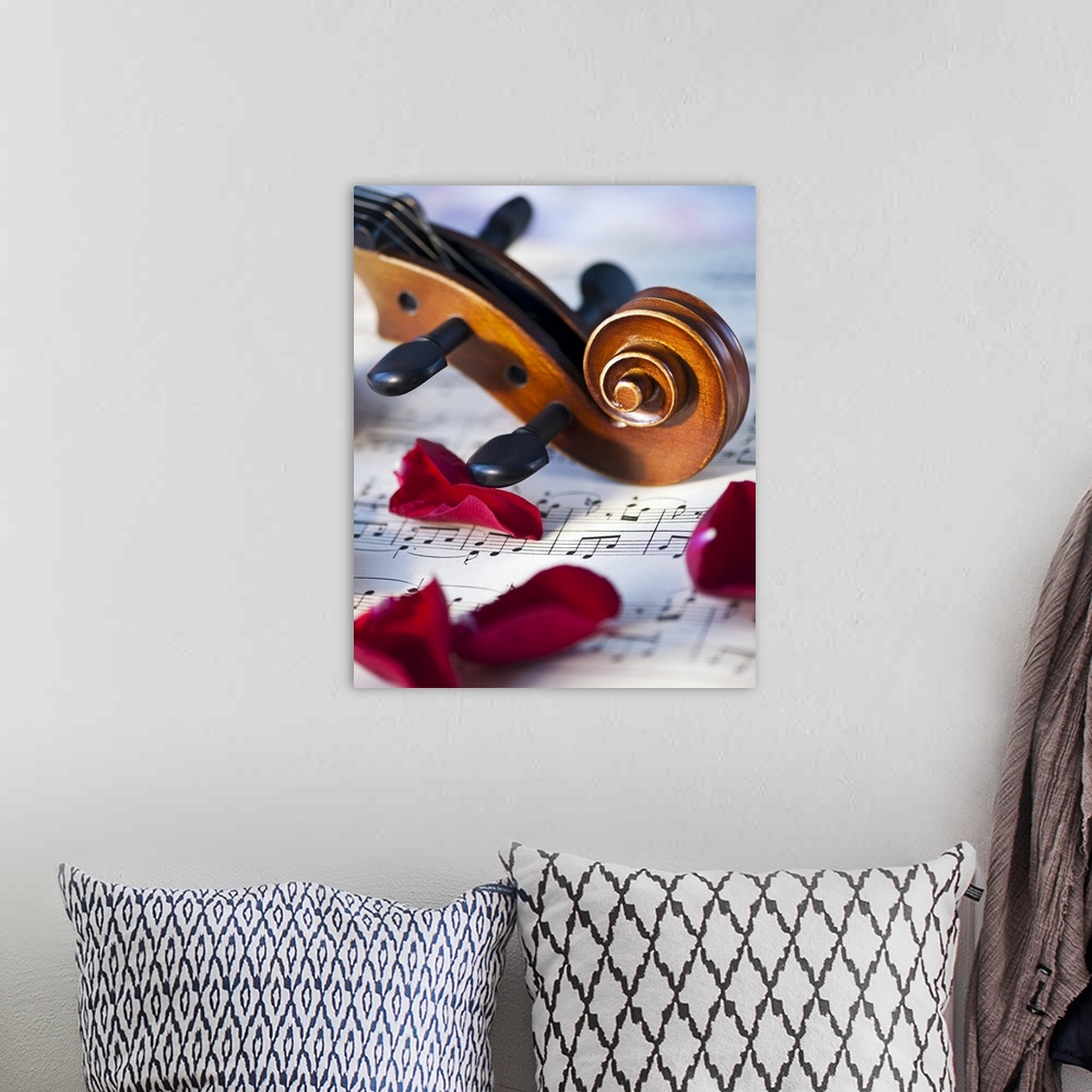 A bohemian room featuring Close up of violin scroll and rose petals on sheet music