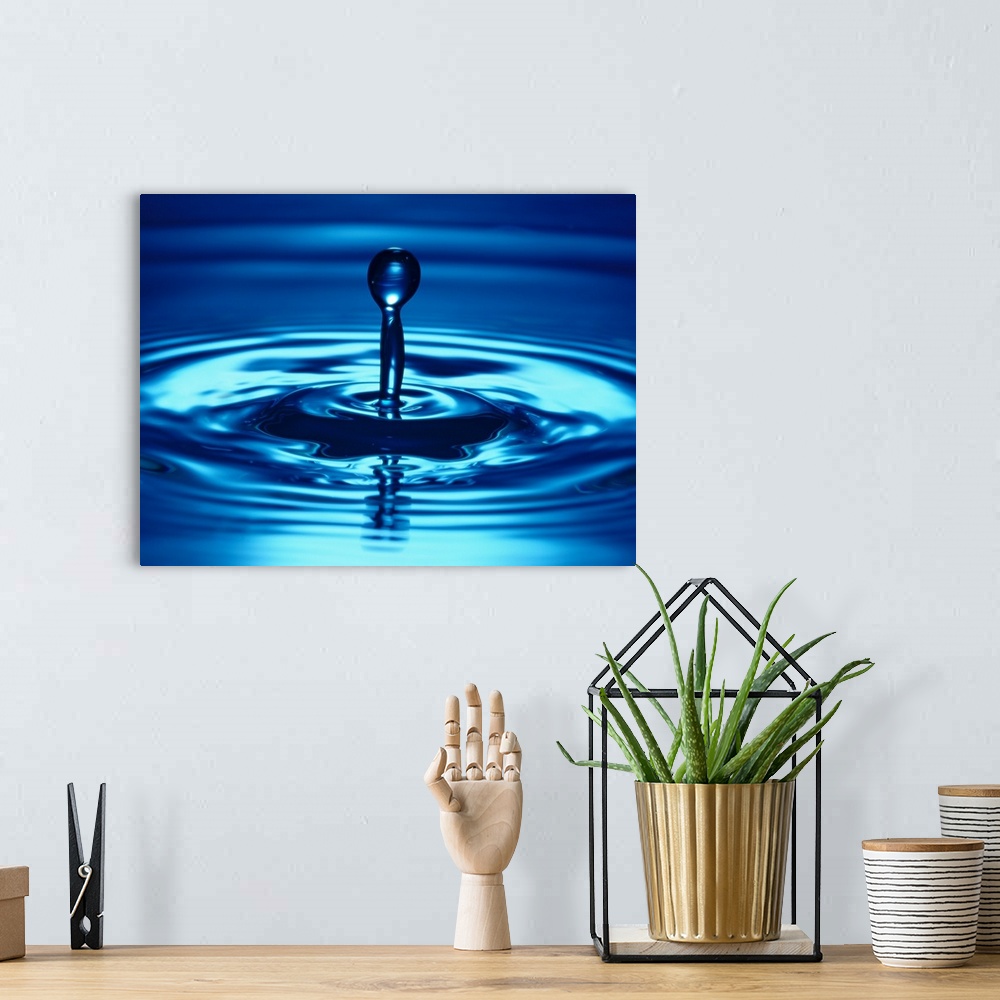 A bohemian room featuring Macro photograph of a droplet of liquid bouncing up from the water, creating small ripples on the...