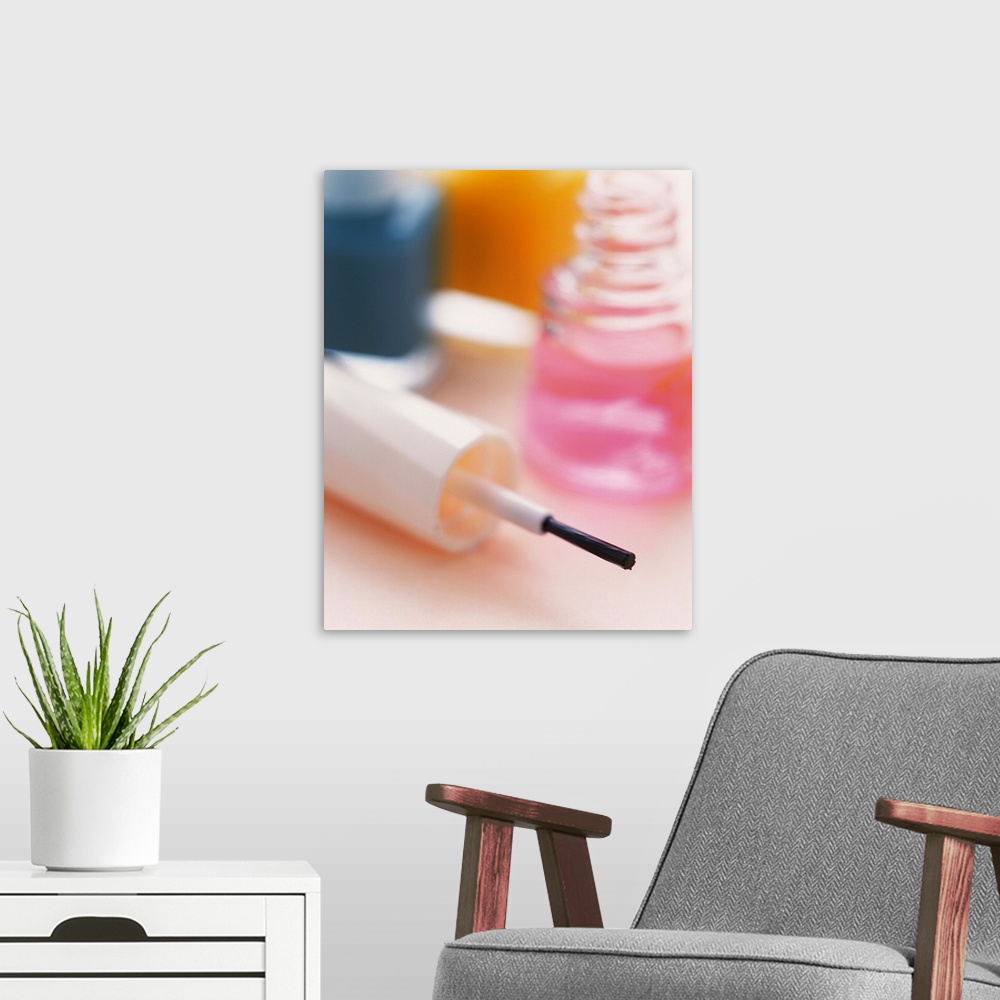 A modern room featuring Closed Up Image of Manicure Bottles, Differential Focus
