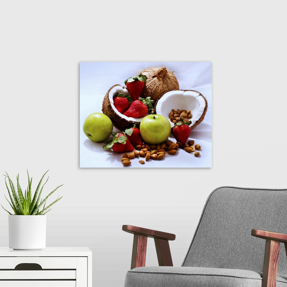 A modern room featuring apples, strawberries, coconut, almonds
