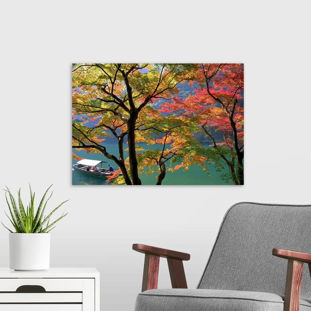 A modern room featuring This photograph is taken through trees with autumn leaves that hang over a body of water where th...