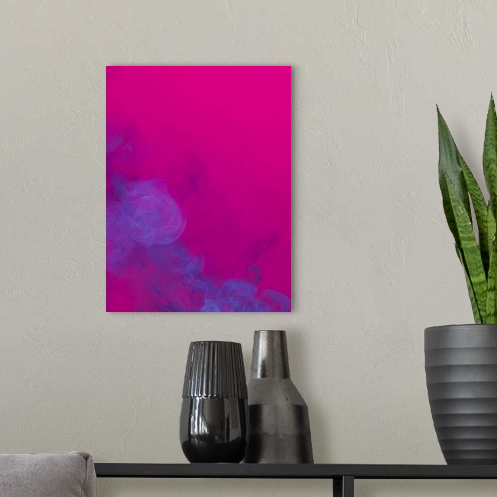 A modern room featuring Blue smoke that rises up and mixed into beautiful abstractions on a pink background