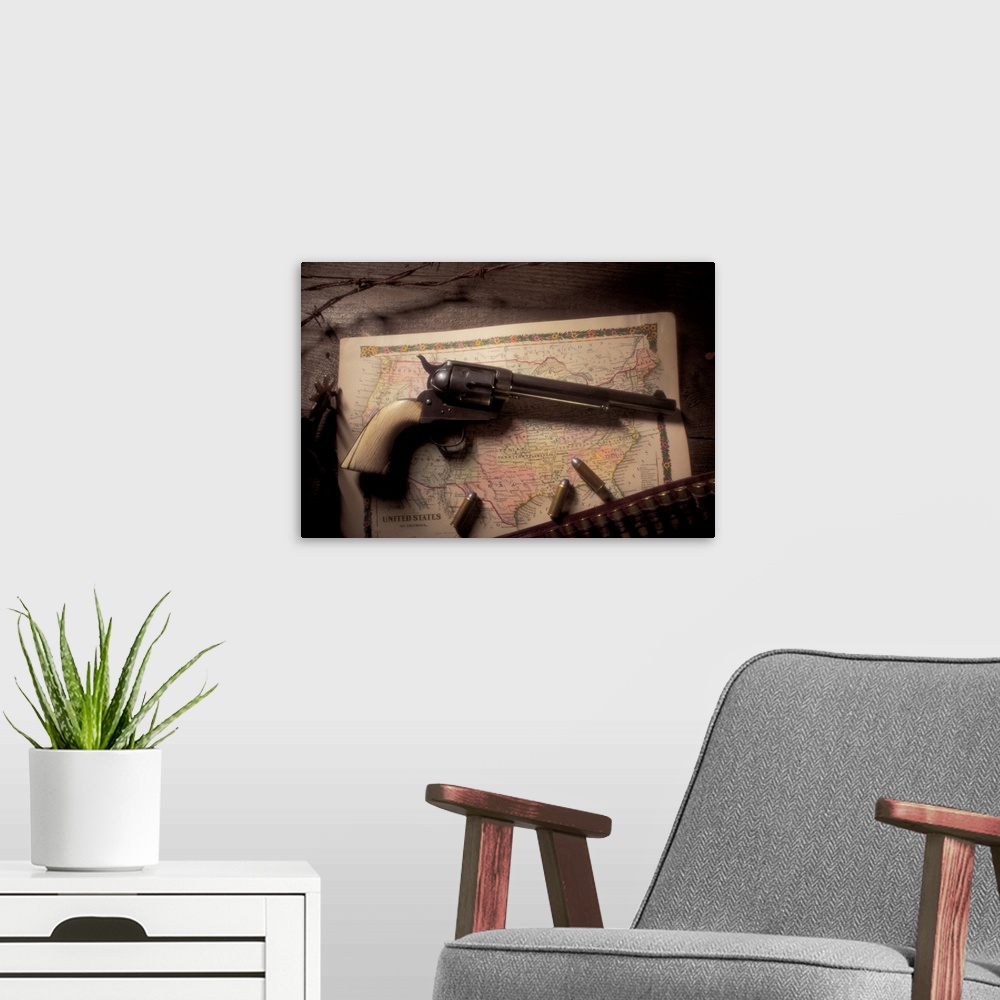 A modern room featuring Colt Peacemaker with ammo