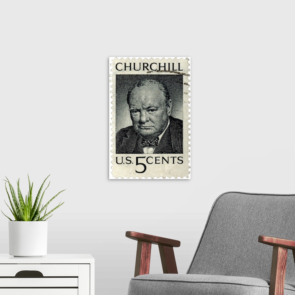 A modern room featuring Commemorative stamp featuring Winston Churchill, Former British Prime Minister