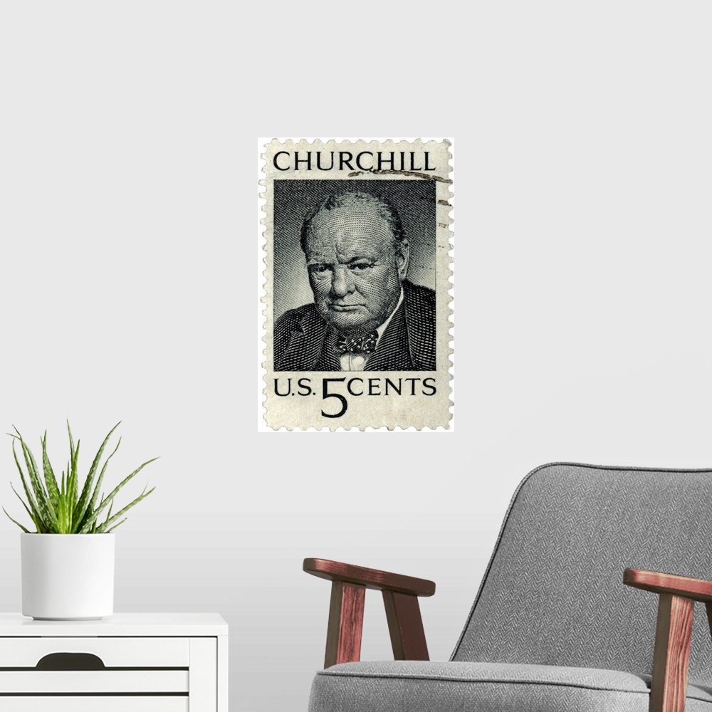 A modern room featuring Commemorative stamp featuring Winston Churchill, Former British Prime Minister