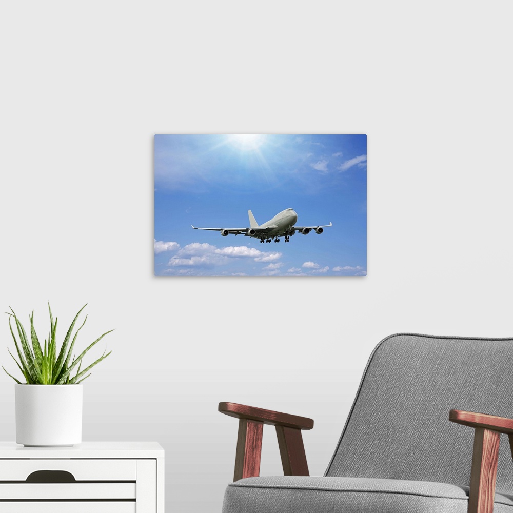A modern room featuring Commercial airplane in flight