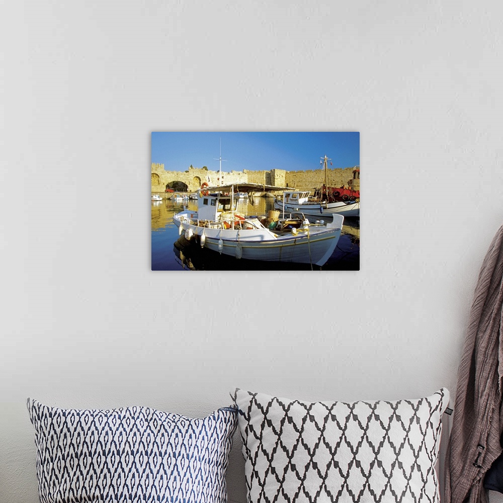 A bohemian room featuring Close-up of commercial fishing boats docked at a harbor, Mandraki Harbor, Rhodes, Greece