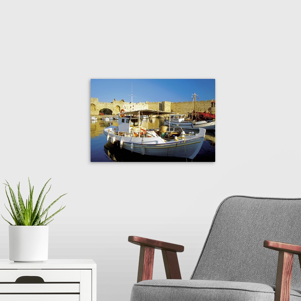 A modern room featuring Close-up of commercial fishing boats docked at a harbor, Mandraki Harbor, Rhodes, Greece