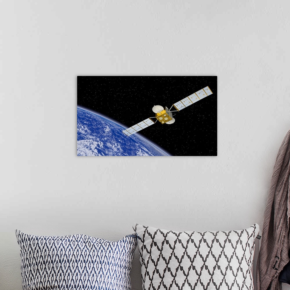A bohemian room featuring Communications satellite over Earth
