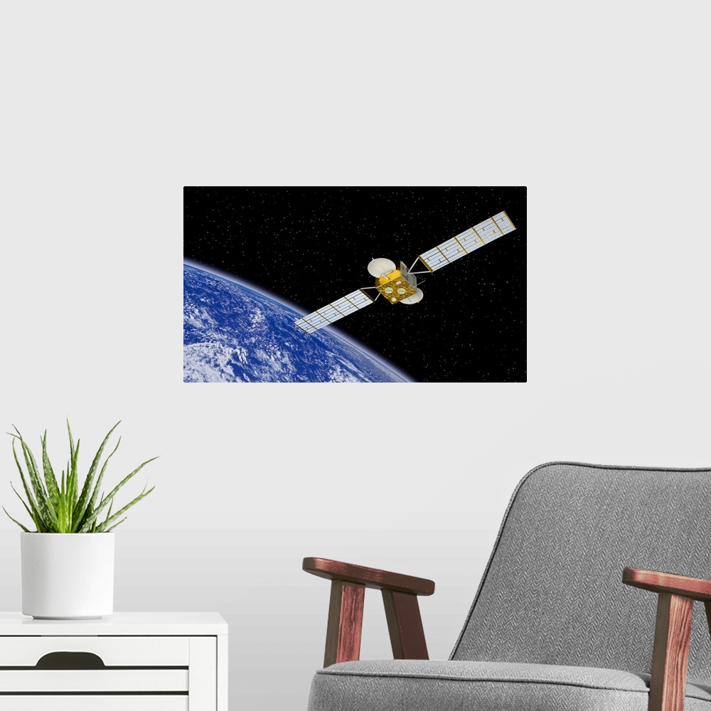A modern room featuring Communications satellite over Earth