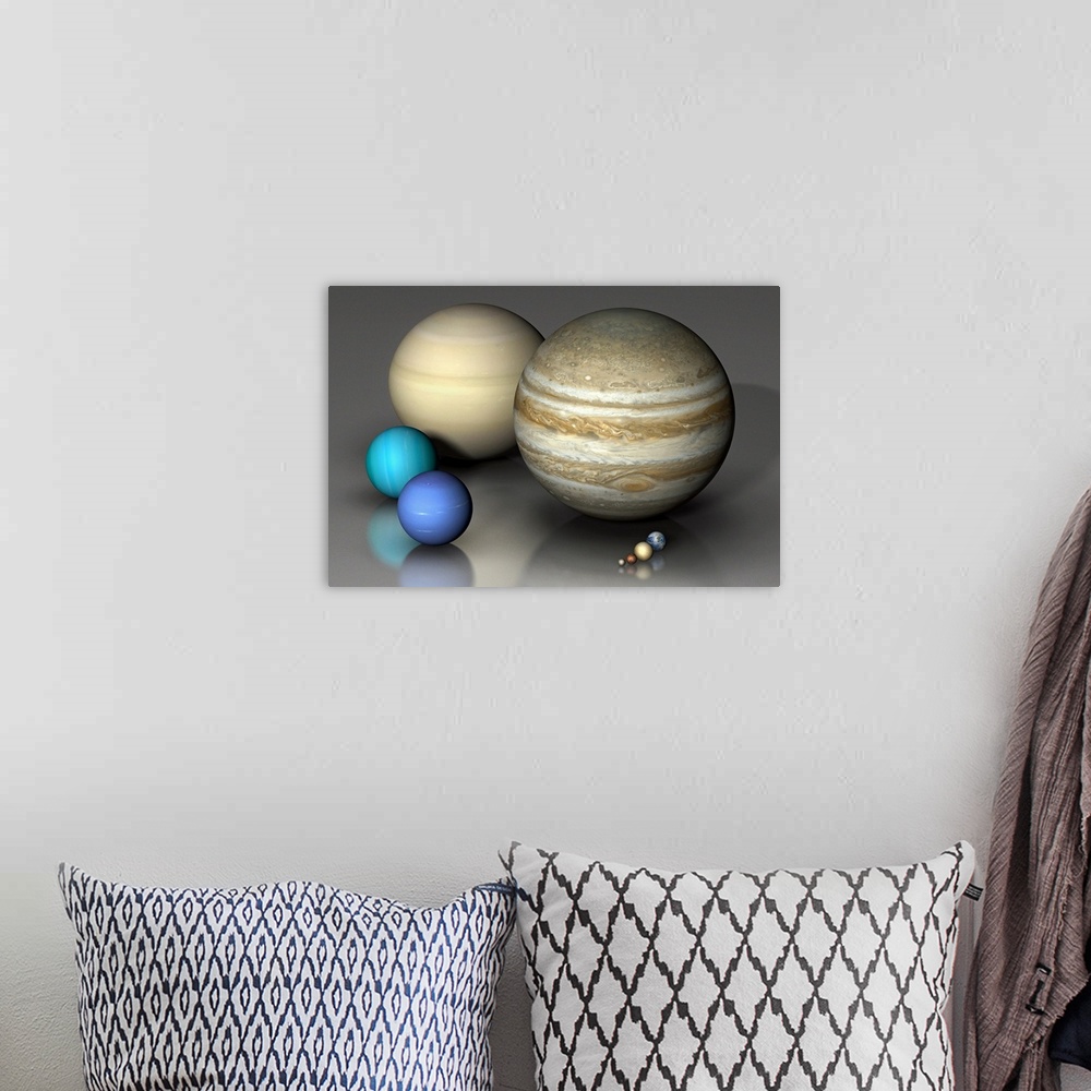 A bohemian room featuring Comparing the eight major planets on the same scale: The largest is Jupiter (right) and Saturn (l...