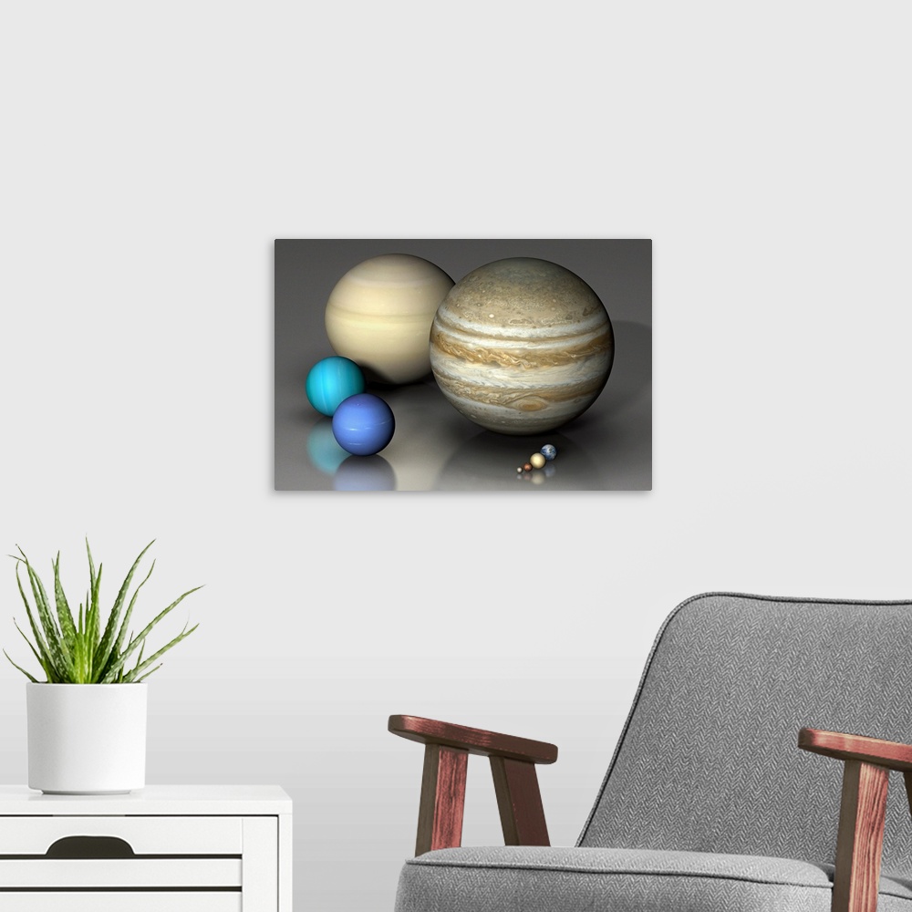 A modern room featuring Comparing the eight major planets on the same scale: The largest is Jupiter (right) and Saturn (l...
