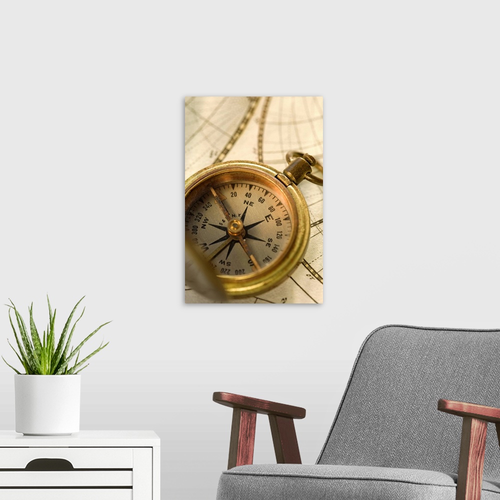 A modern room featuring Compass on antique map