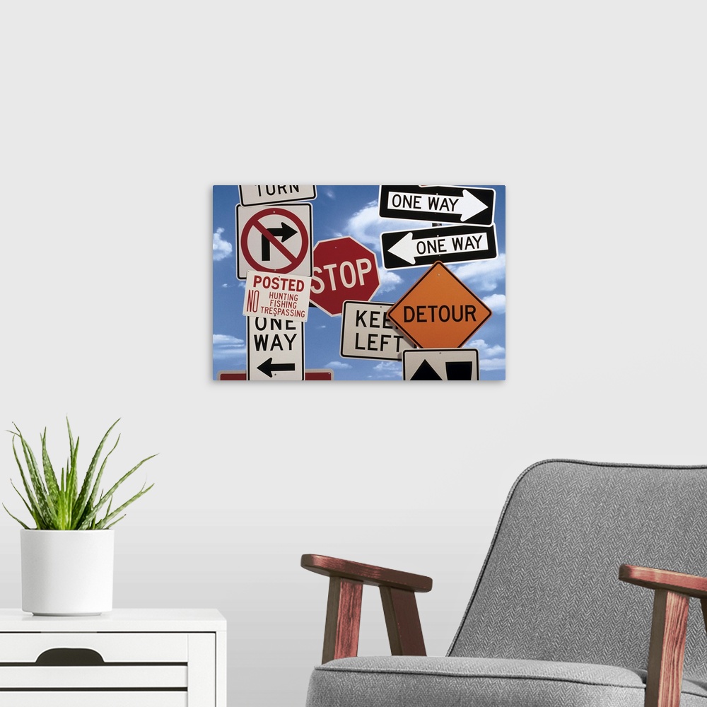 A modern room featuring Composite of various road signs