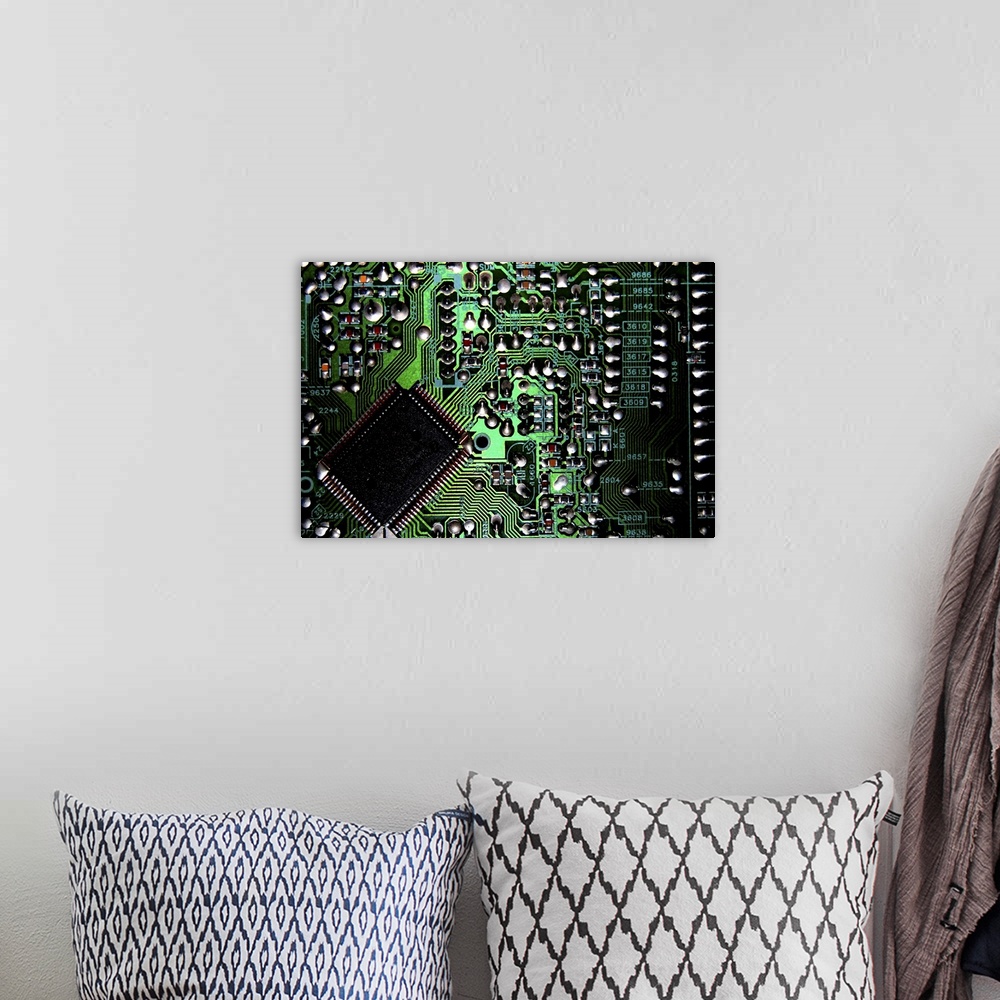 A bohemian room featuring Macro image of a green, silver, and black circuit board from inside a computer.
