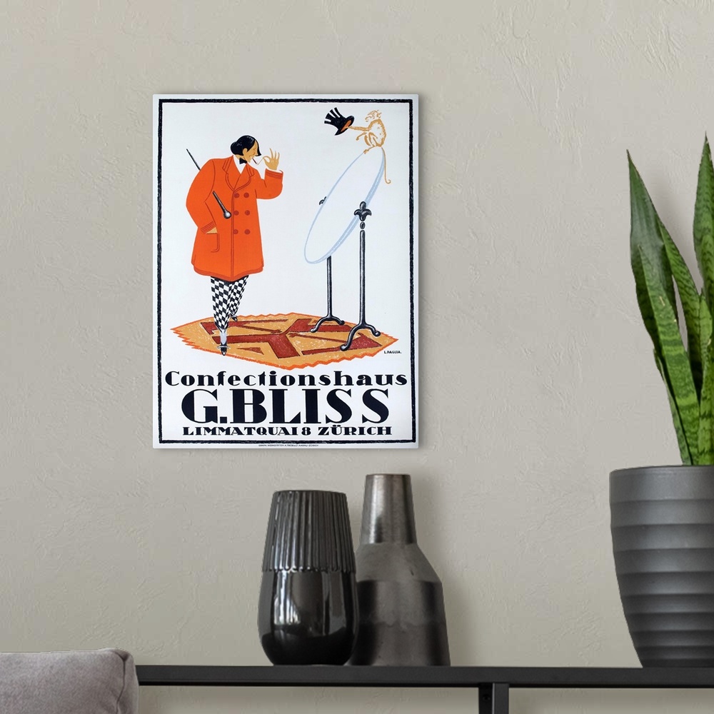 A modern room featuring Stylish dandy looks at himself in a mirror in Swiss 1915 advertising poster illustrated by L. PAGLIA