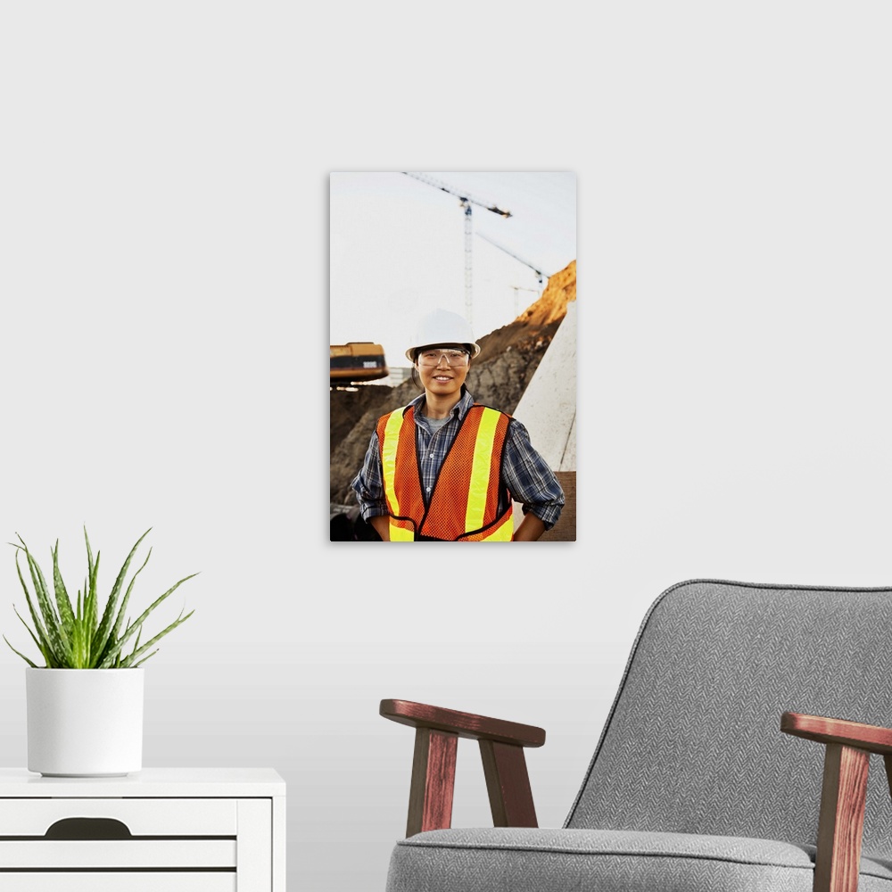 A modern room featuring Construction worker, portrait
