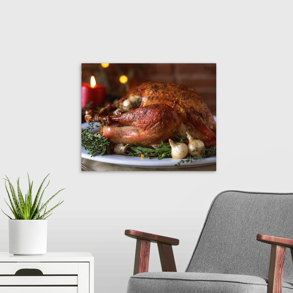 A modern room featuring Cooked turkey