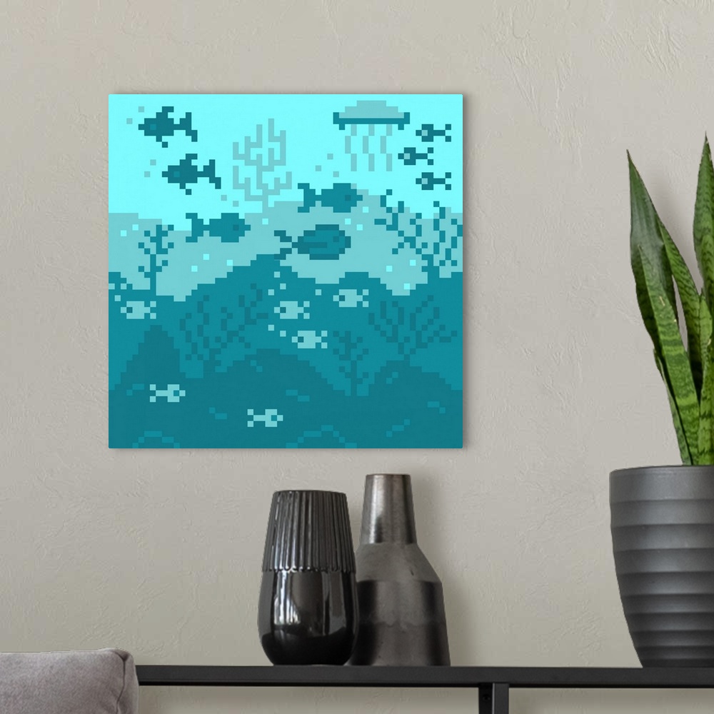 A modern room featuring Coral Reef And Fish Pixel Illustration