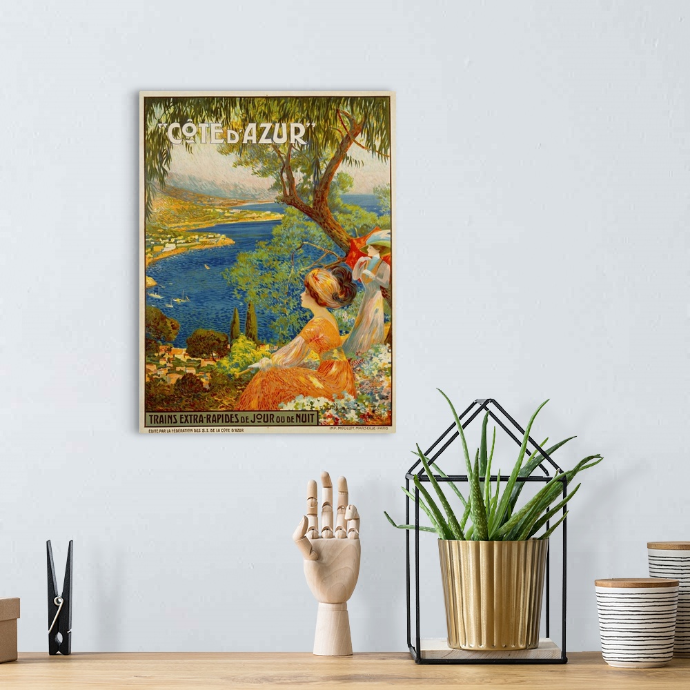 A bohemian room featuring Cote D'Azur Travel Poster By David Dellepiane