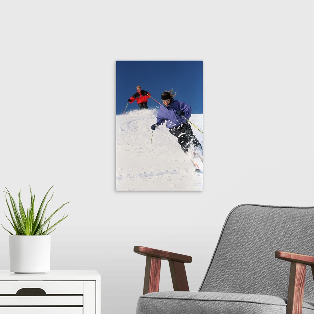A modern room featuring Couple downhill skiing